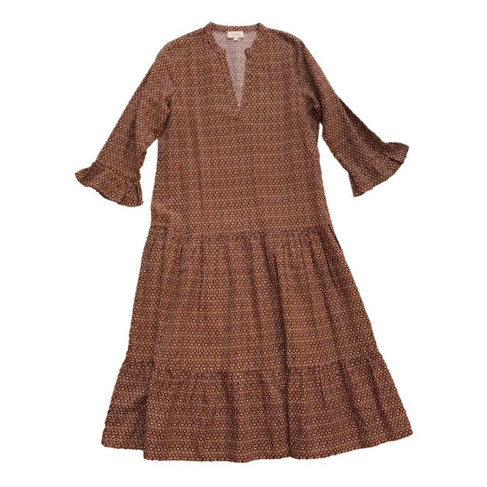 Mason's Daughter Maxi Dress Womens Large Pink Maroon V-Neck Cotton Linen Tiered